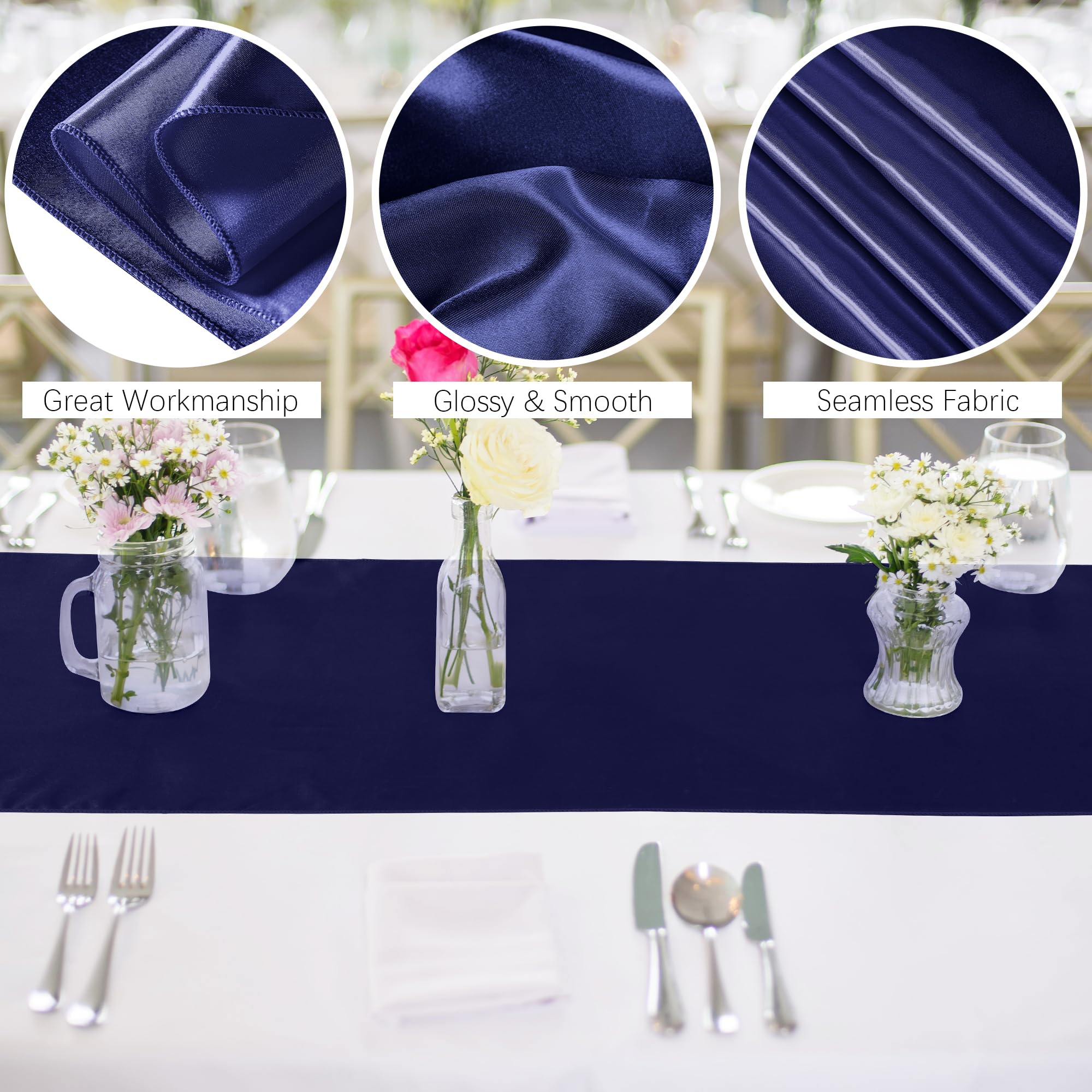 Aneco 16 Pack Satin Table Runner 12 X 108 Inch Navy Blue Long Wedding Satin Silk Table Runner For Wedding Banquet Graduations Bi